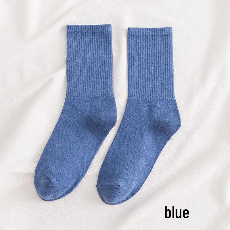 Women's Mid-Calf Cotton Socks - Solid Color, High Elasticity, Versatile Bubble Style for Autumn and Winter.
