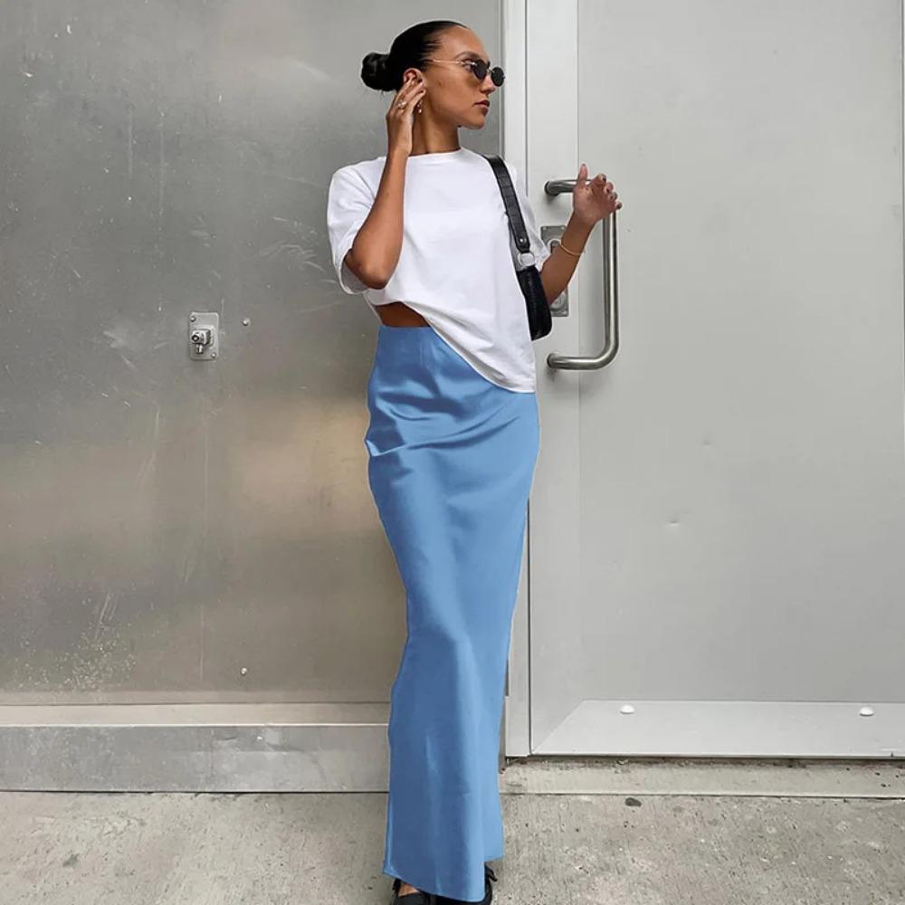 Elegant Satin Trumpet Skirts Fashion Slim High Waist Skirts Women Female Solid Office Long Skirt