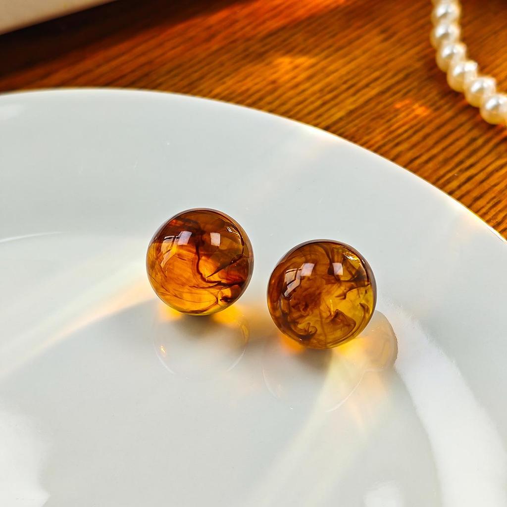 Retro Silver Geometric Amber Resin Stud Earrings