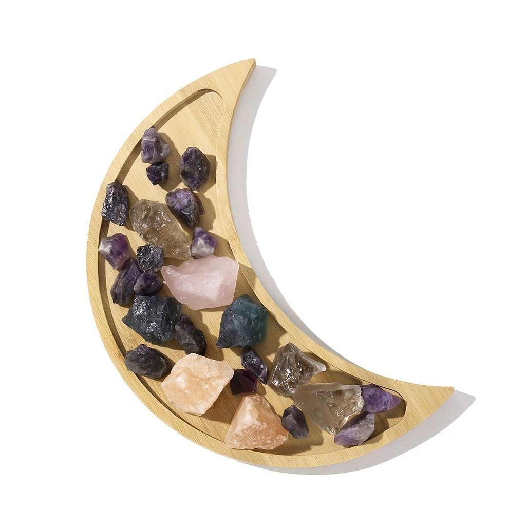 Moon Tray Crystal Holder Display Wooden Crystal Tray for Stones, Healing Crystals Storage Box and Organizer  Crescent  Decor