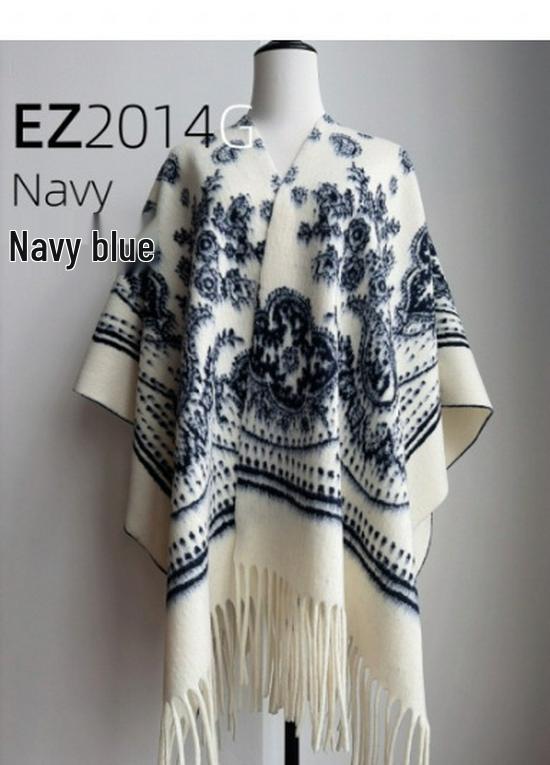 High-End Imitation Cashmere Winter Shawl - Ink Painting Style Versatile Warm Thickened Tassel Cloak for Women