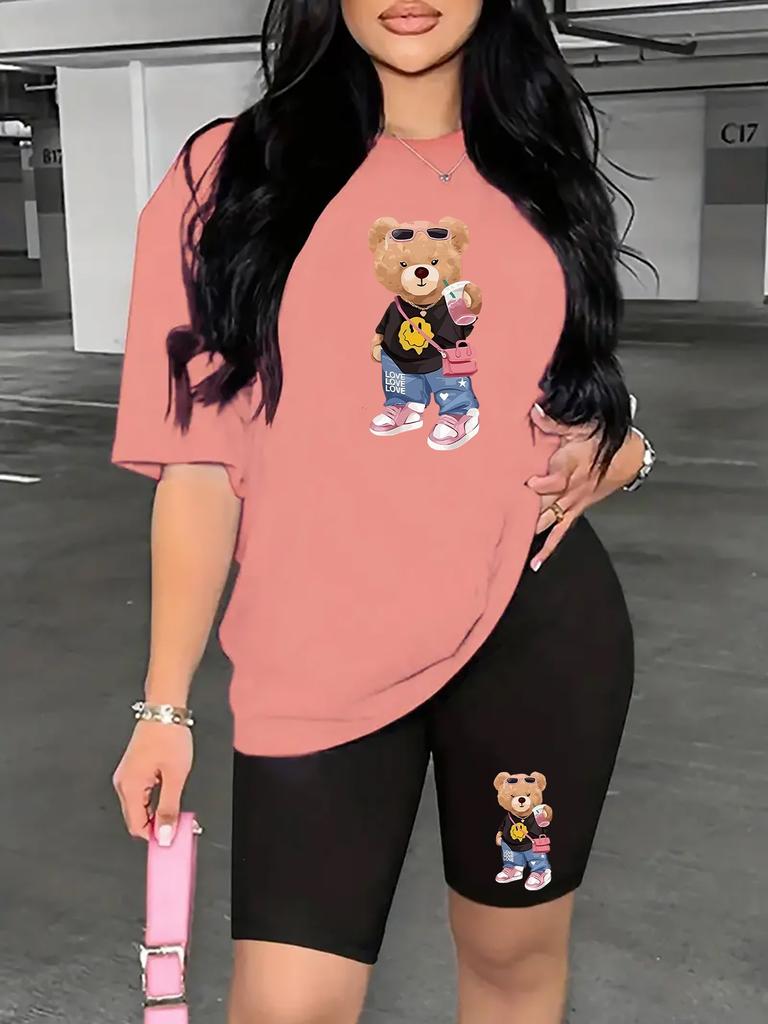Bear standard size European and American women's clothing lip printing T-shirt shorts set sports suit