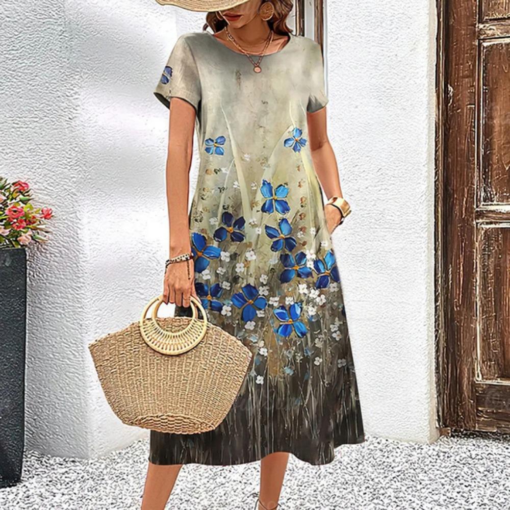 Letnie luźne i eleganckie ubrania damskie Kwiecista sukienka z krótkim rękawem Sukienka na imprezę wieczorową Okrągły dekolt Sweter Ubrania uliczne