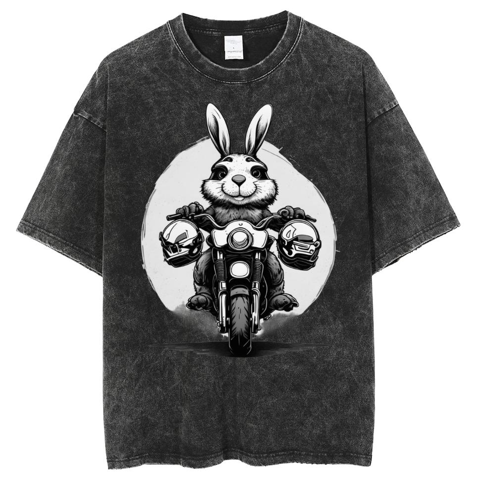 Summer Women's Short Sleeve Cartoon Animal Print Oversized Washed Denim Unisex T-Shirt Vintage Harajuku Style Funny Outfit