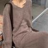 Large Size V-neck Knitted Sweater Skirt Women's Two-piece Set Autumn and Winter New Soft Waxy Sweater Skirt Set
