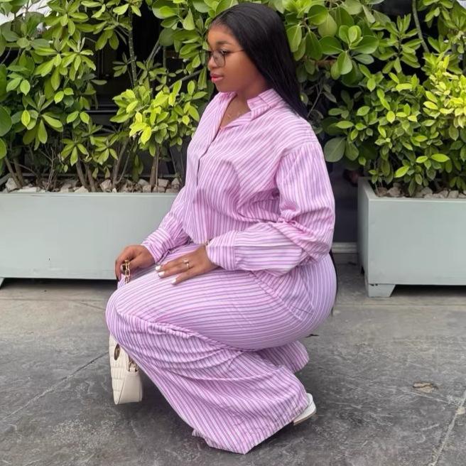 African long-sleeved lapel striped suit European and American new women's clothing shirt high-waisted casual trousers fashion two-year set women
