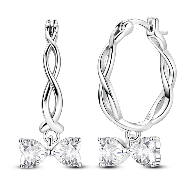 New Copper Sparkling Pink Bow Stud Earrings & Pavé Dangle Hoop Earrings For Girl Sweet Romantic Jewelry Gift