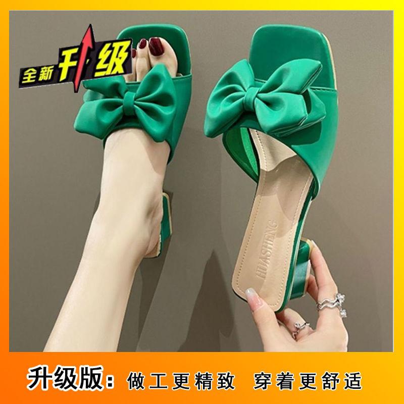 

Bow Internet celebrity one word cool slippers women 2024 new extranet red summer explosion versatile fashion heightening low heel 43