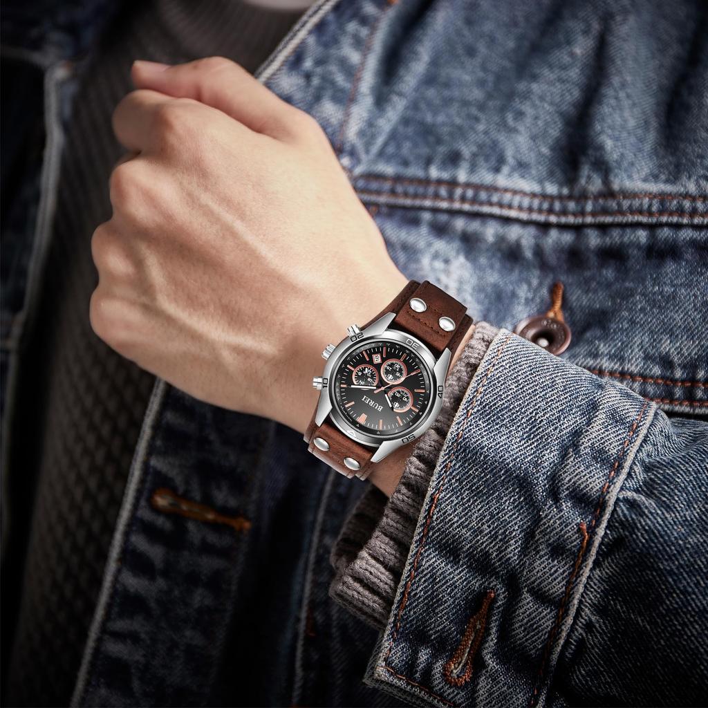 BUREI Men's Analog Chronograph Watch, Waterproof Quartz Movement, Leather Strap, Date Display, Made In Japan Battery, Perfect Gift