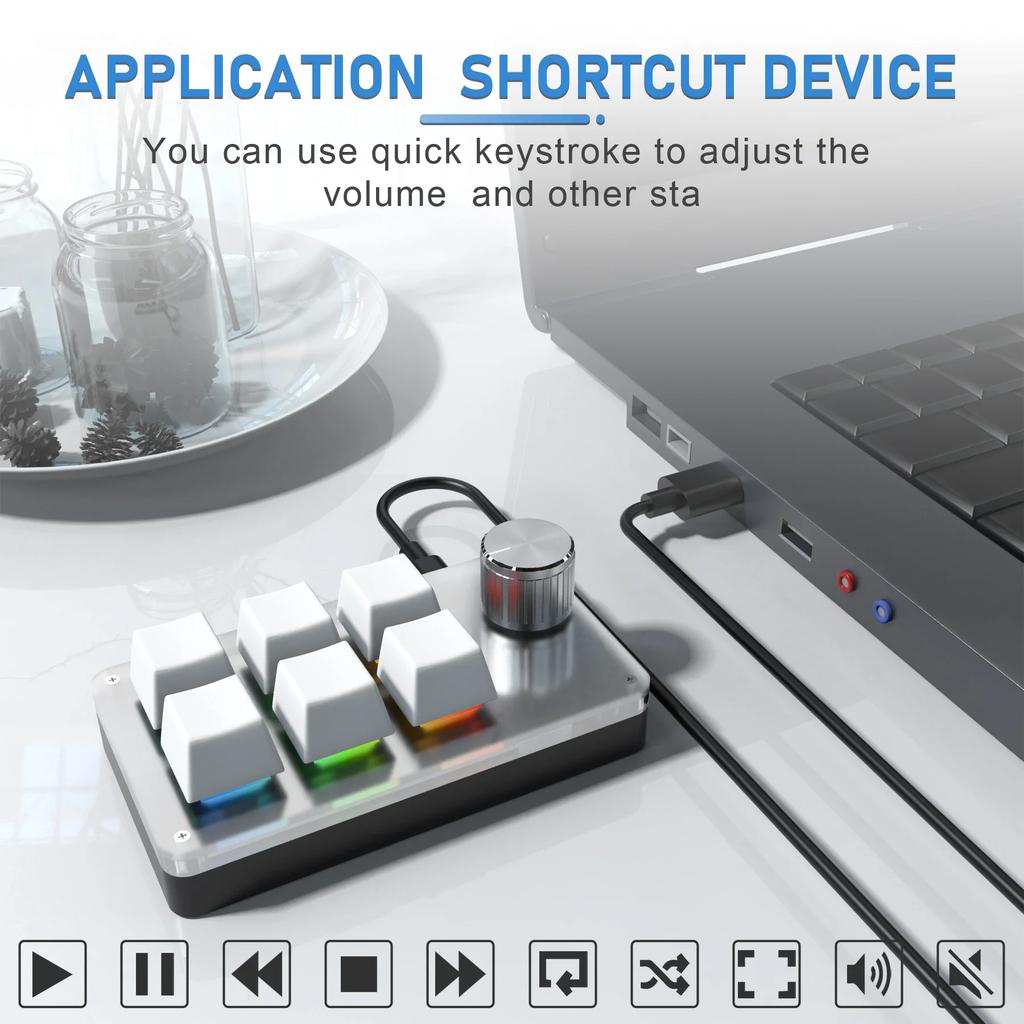 6 Keys 1 Knob Mini Keyboard Customize Copy and Paste Volume Adjustment Shortcut Keys Portable Mechanical Keyboard for Game PS