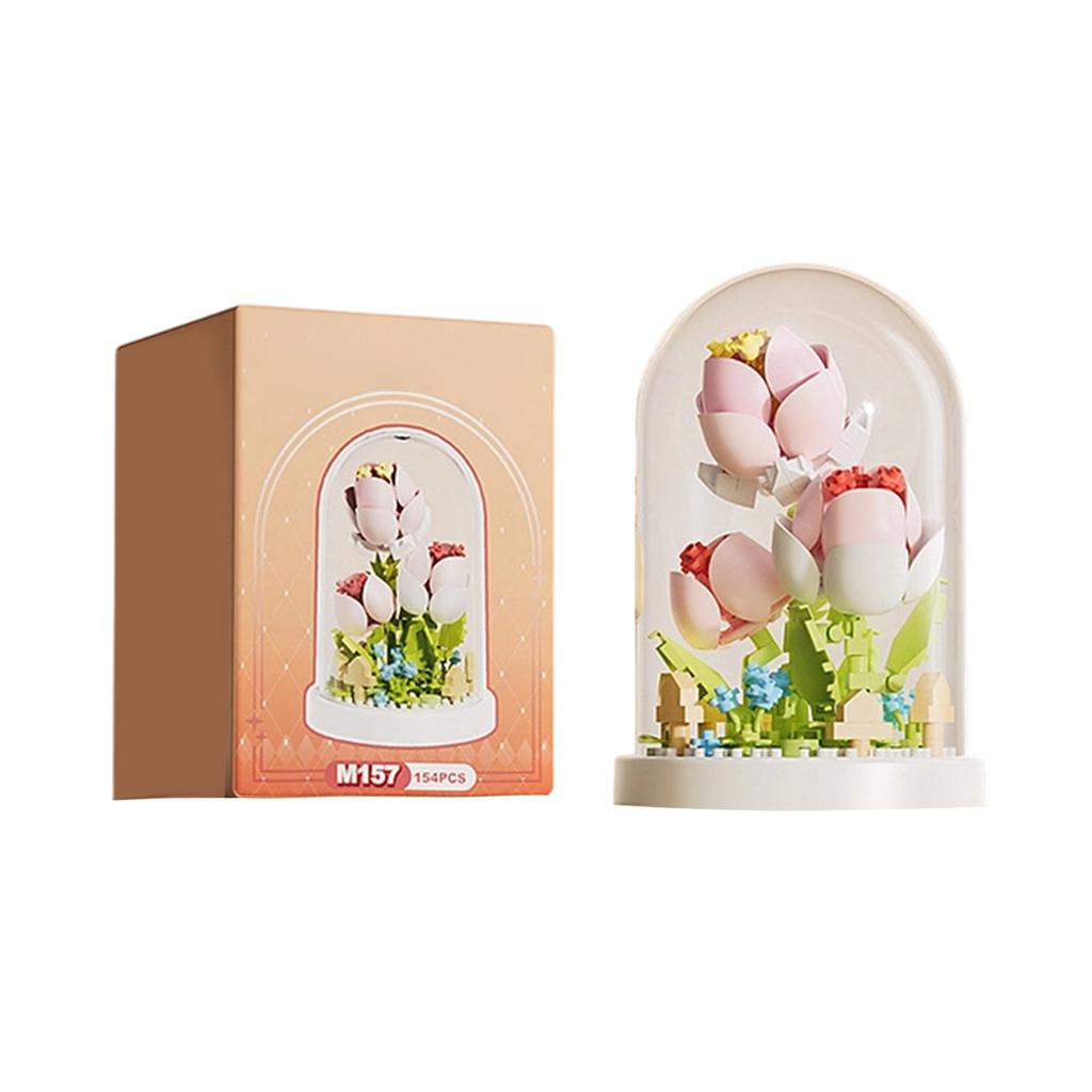 DIY Building Blocks Flower Model Kit with Dome Cover Educational Puzzle Toy for Children and Adults Creative Assembly Decorative Display