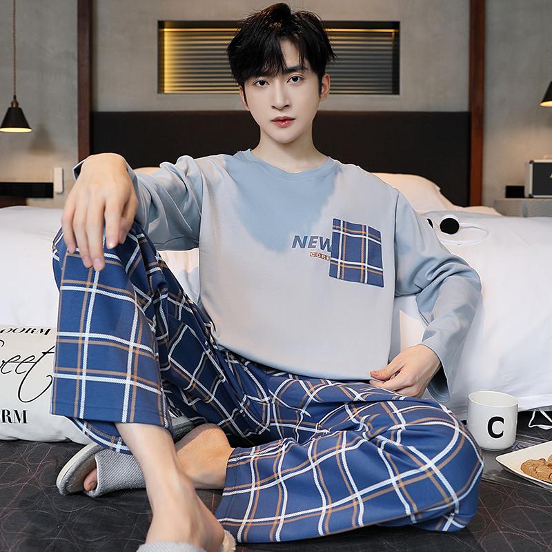 Casual Men Spring Autumn Nightwear Knitted Cotton Pajamas Set Long Sleeved Long Pants Fashion Elegant Mens Leisure
