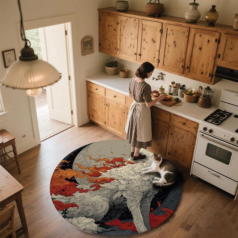 Flame Fox and Wolf,Round Area Rug,Carpet Rug for Living Room Bedroom Sofa Playroom Decor,Non-slip Floor Mat