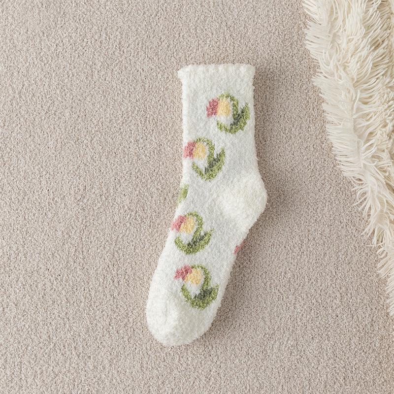 Female Autumn and Winter Thickened Lovely Tender Flowers Do Not Drop Hair Sleep Floor Socks