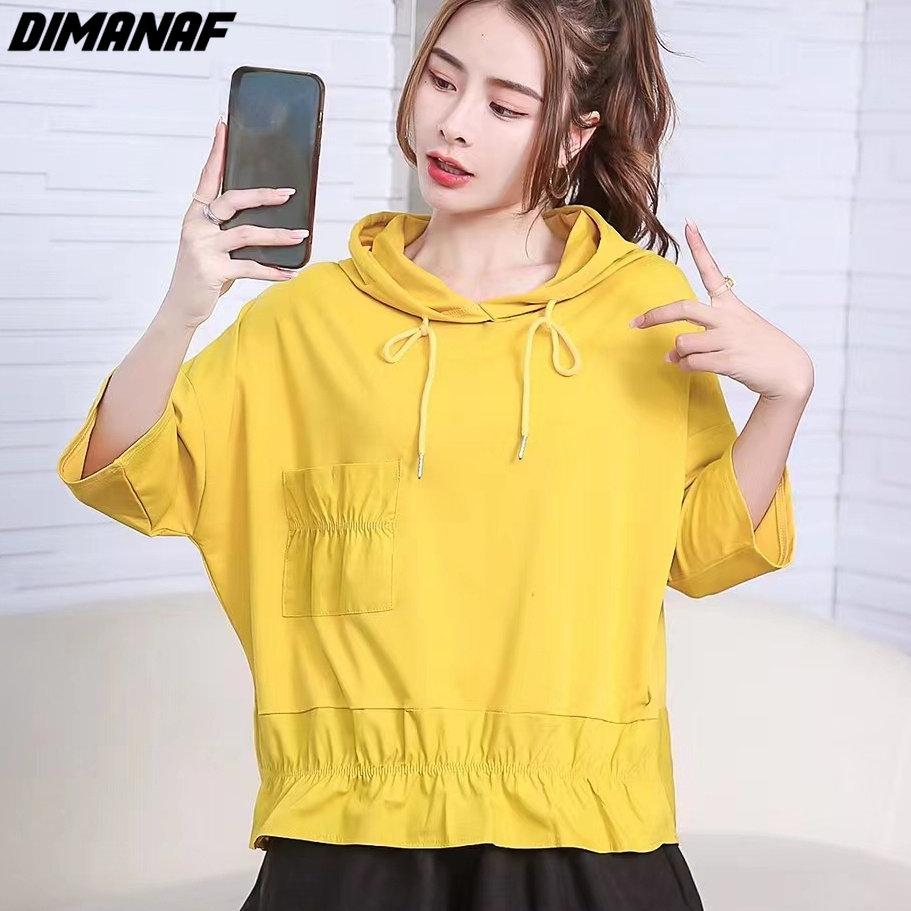Dimanaf Camiseta de Nueva Sudadera con capucha para mujer, camisetas y camisetas holgadas de algodón con cuello redondo liso y manga corta, color amarillo, 2023