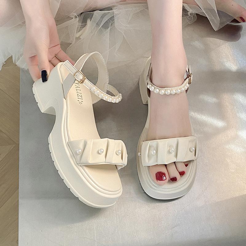 Roman sandals women's summer platform fairy wind word with middle heel pearl sandals women's sandals