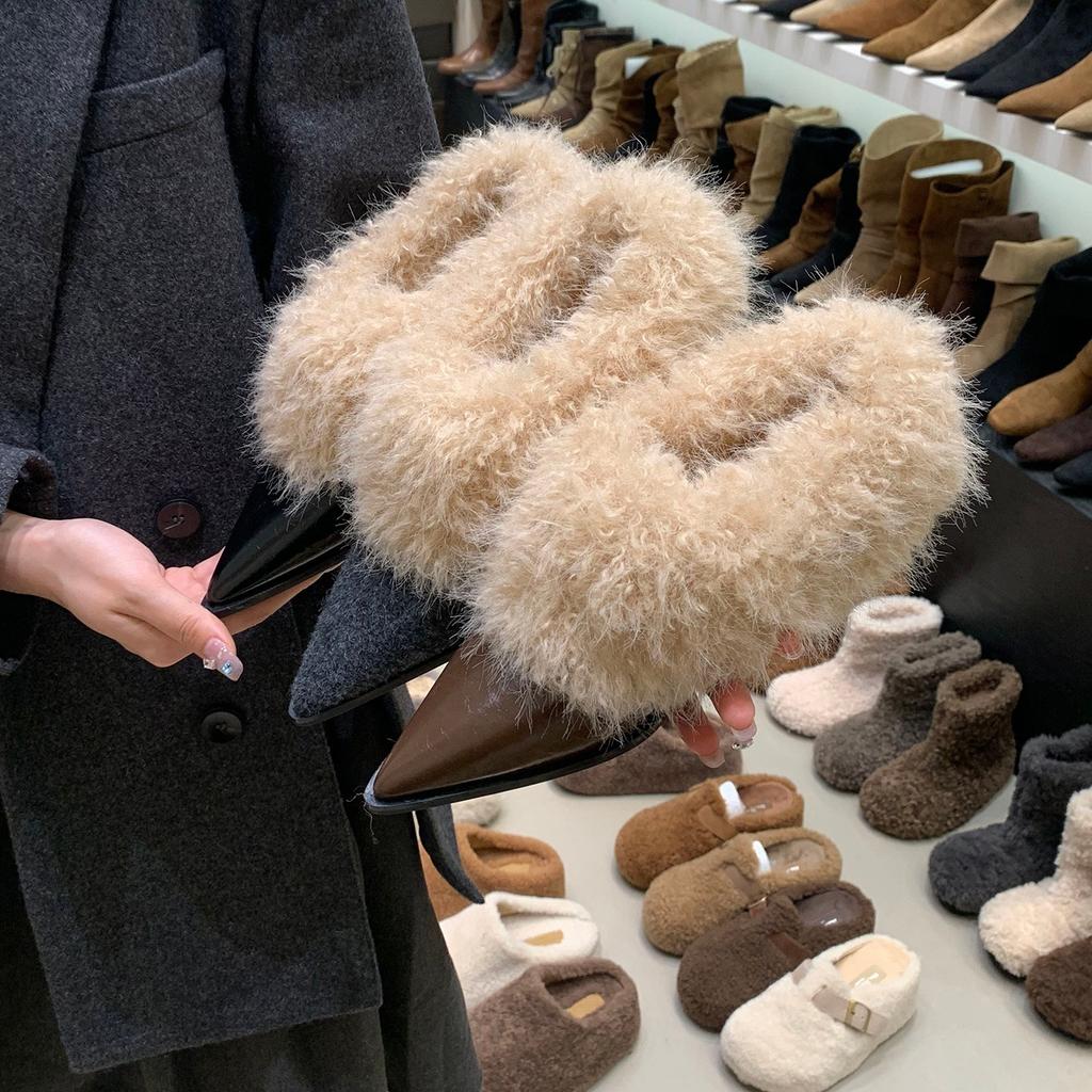 French thick heel pointed brown small leather shoes plush warm fluffy shoes autumn and winter temperament gray high heels