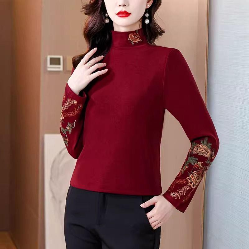 

Осень и Зима Вышитая Полувысокая Горловина Теплый Немецкий Бархат Этнический Длинный Рукав Китайская Футболка Ретро Искусство Базовая Мама Топ Женский 4XL красный