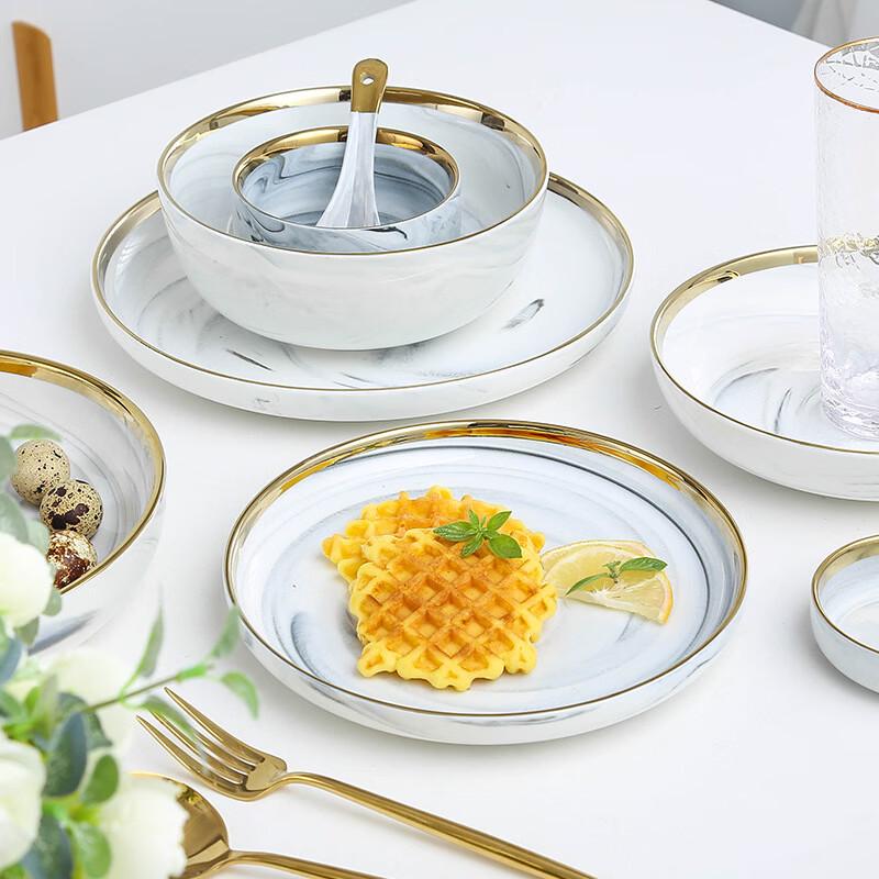 European Marble Pattern Gold Rim Ceramic Deep Plate