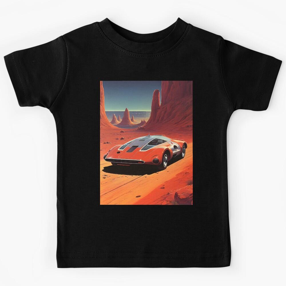 Red Color Retro Futuristic Aerodynamic Sports Car and an Extraterrestrial Desert Landscape at Evening with Sunset Sky Kids T-Shirt 100