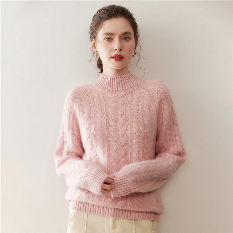 Women's Autumn Winter Cashmere Cable Knit Half Turtleneck Sweater - Solid Color, Slimming, Long Sleeve, Soft