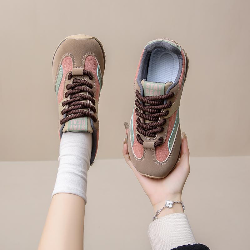 Fashion Casual Sneakers Women Suede Leather Patchwork Mixed Colors Lace Up Round Toe Platform Shoes Lady Flats