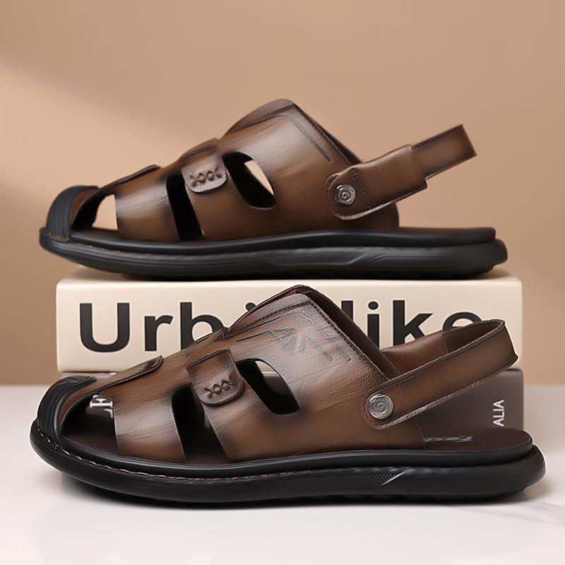 Fashion Summer New Cow Leather Sandals for Men Solid Color Outwear Breathable Beach Slipper Shoes Man Fashion Casual Anti-slip Sandals