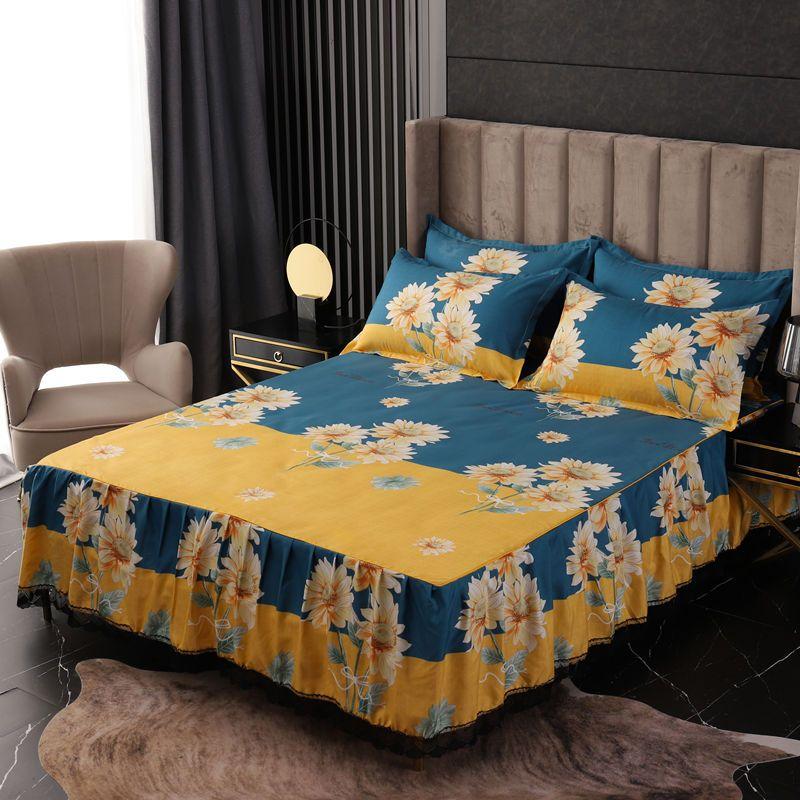 Flower Print Ruffled Bedding Set,Pillowcases Set/Bed Skirt Set,Bed Skirt*1 ,Pillowcases *2 (Size: Twin/Full/Queen/King)