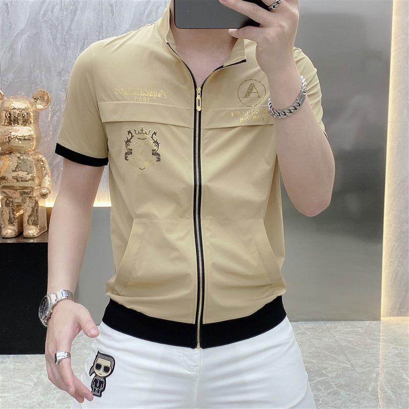 Summer Men's Fashion Printed Light Breathable Stand Collar Short Sleeve Cardigan