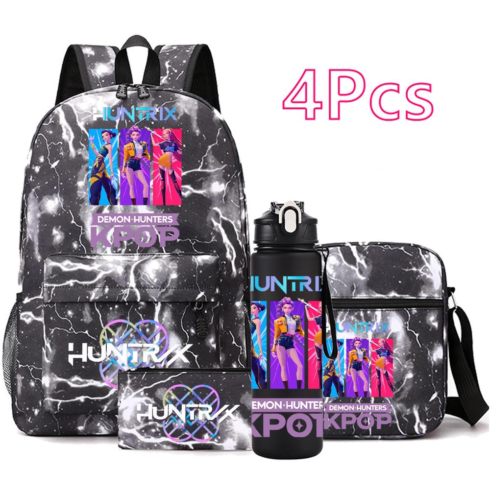 4-teiliges/Set Anime Niedlich K-Pop Bedruckter Rucksack mit 750 ml Wasserflasche für Teenager Schüler Mädchen Junge Schultasche Kindergeschenk Große Kapazität Reisetasche Mochila