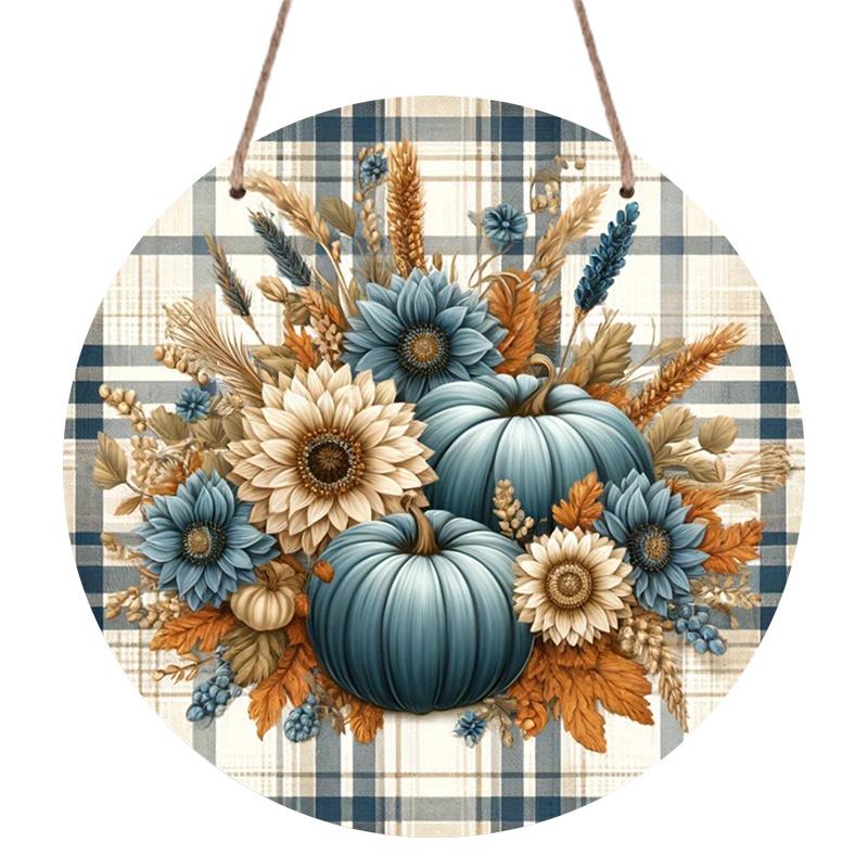 1Pc/2Pcs 2D Flat Aluminium Round Sign, Happy Fall Blue White Porcelain Pumpkin Sunflower Floral Metal Wall Art, Elegant Autumn Harvest Thanksgiving