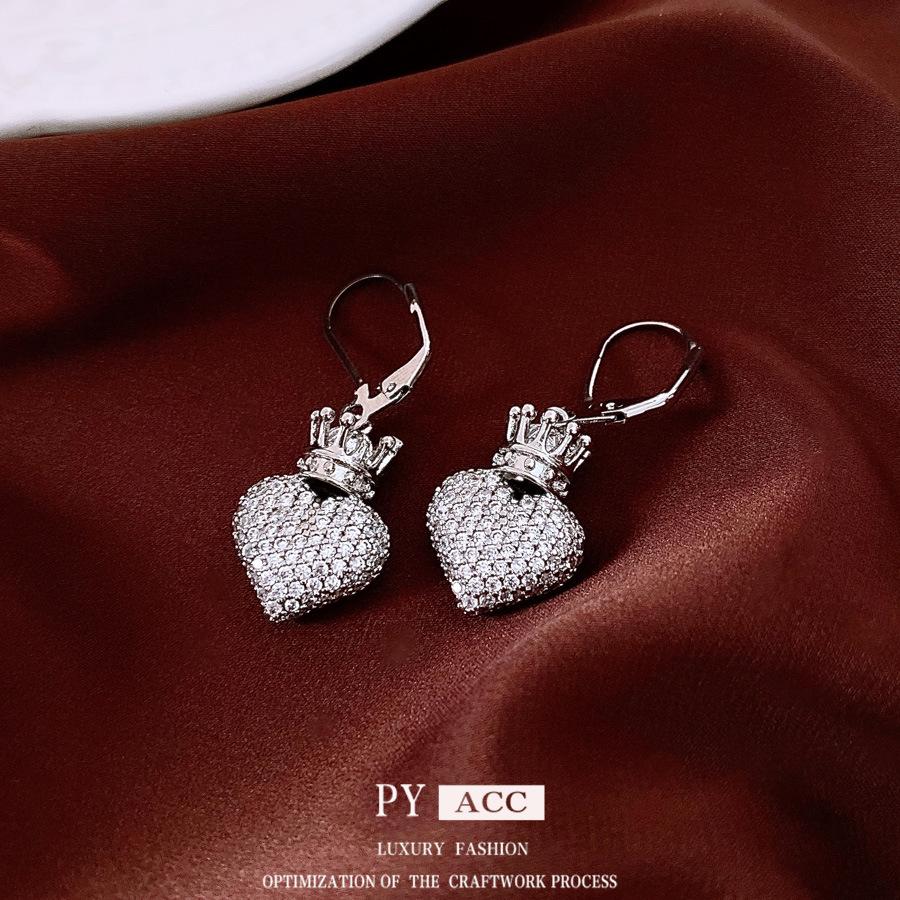 Full Diamond Micro-inlaid Zircon Crown Love Unique Earrings Women's High Sense Light Luxury Temperament Heart-shaped Ear Buckle