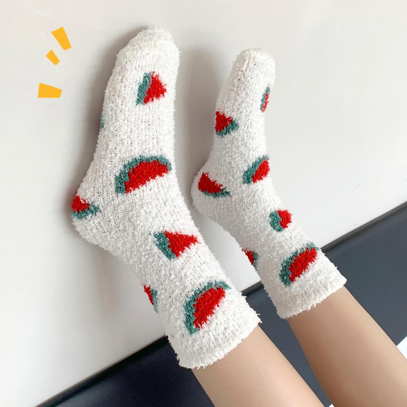 Autumn And Winter Coral Fleece Socks Women'S Fruit Cute Girl Medium Tube Floor Socks Women'S Fleece Thickened Sleep Confinement Socks