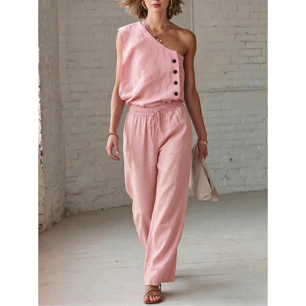 Women's Loose Fit Two Piece Pant Suit One Shoulder Sleeveless Button Detail Solid Wide Leg Long Pant Matching Outfit
