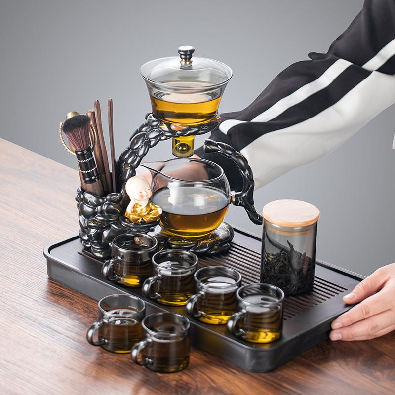 Magnetic lazy tea set 1 set - automatic little monk glass teapot, tea cup, tea can, tea tray Chinese Kung Fu tea set