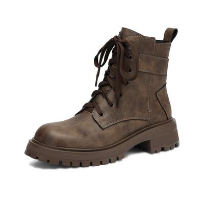 Cow Skin Winter Round Toe Western Boots Med Heels Lace Up Women British School Ankle Boots