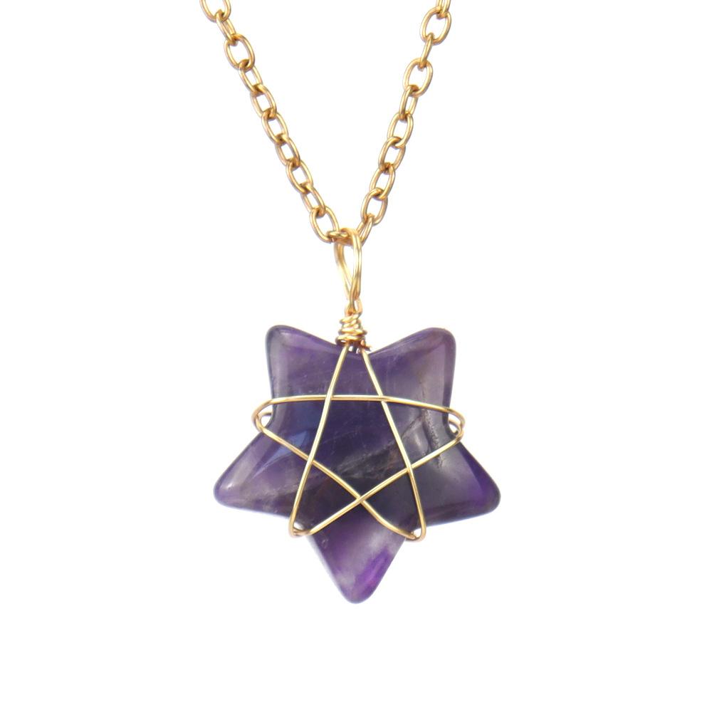 Hand-Wound Gold Natural Crystal Agate Pentagram Tiger Stone Star Necklace N583
