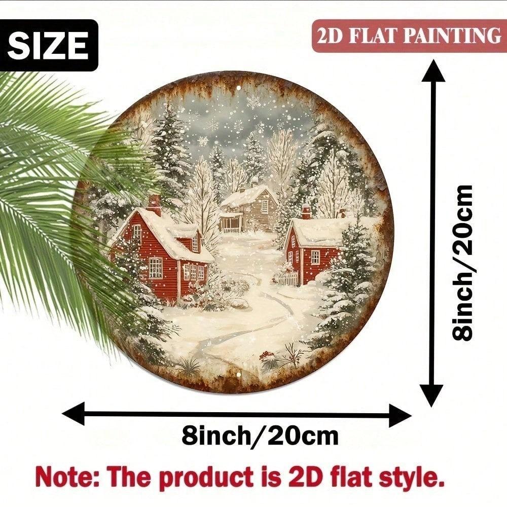 HUIHAY 8 Inch Round Metal Wall Art Red Cabin Snowy Landscape Christmas Winter Decor
