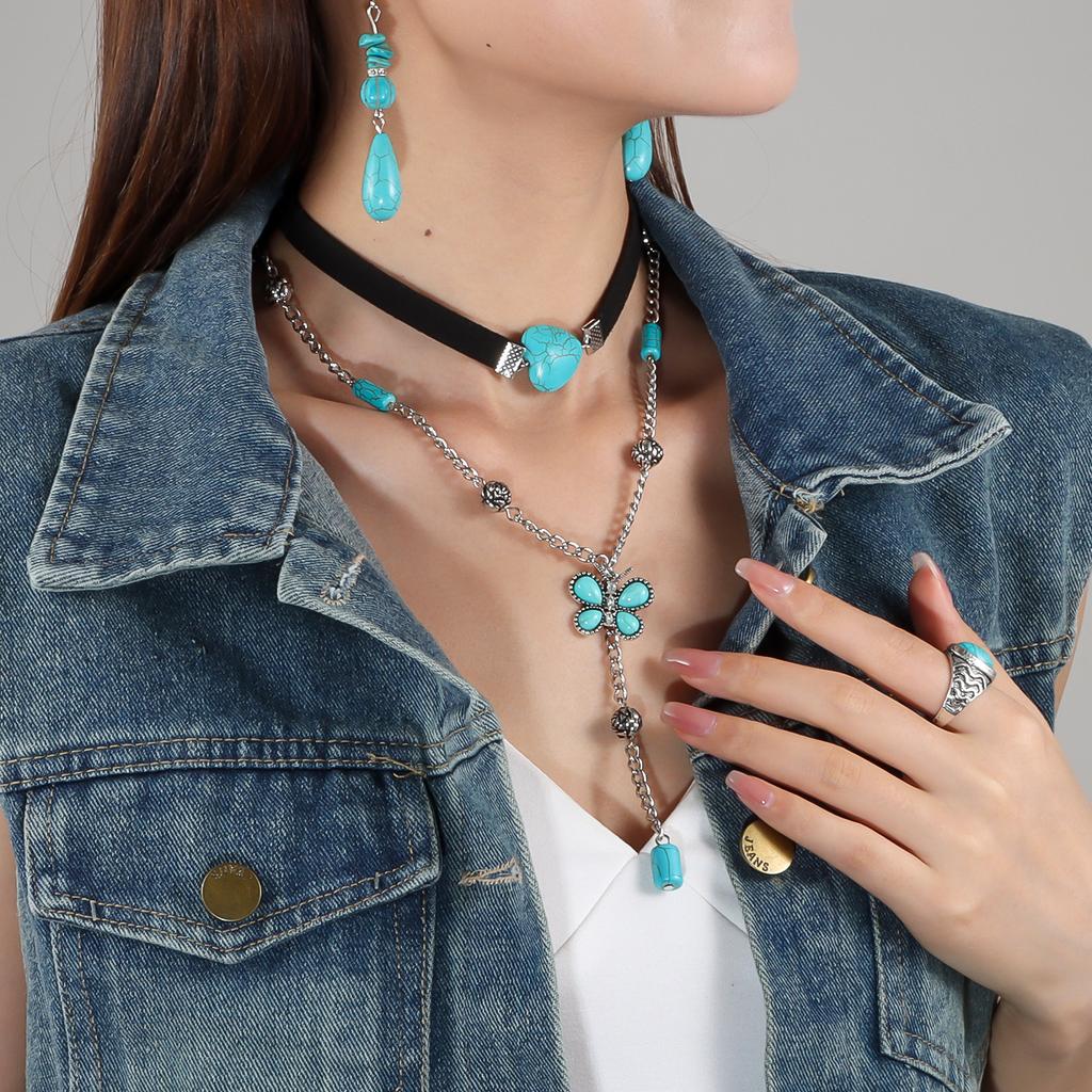 European and American Retro Turquoise Korean Velvet Neck Chain Female Butterfly Fringed Pendant Necklace