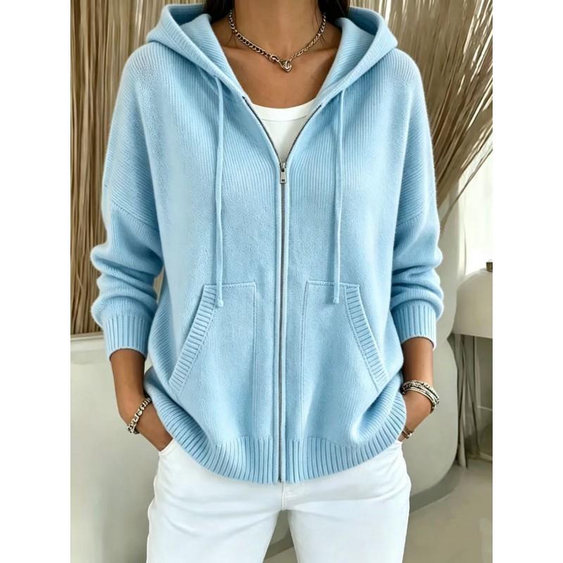 Womens Oversized Knit Hooded Zip-Up Cardigan Winter 2026 Solid Color Casual Sweater