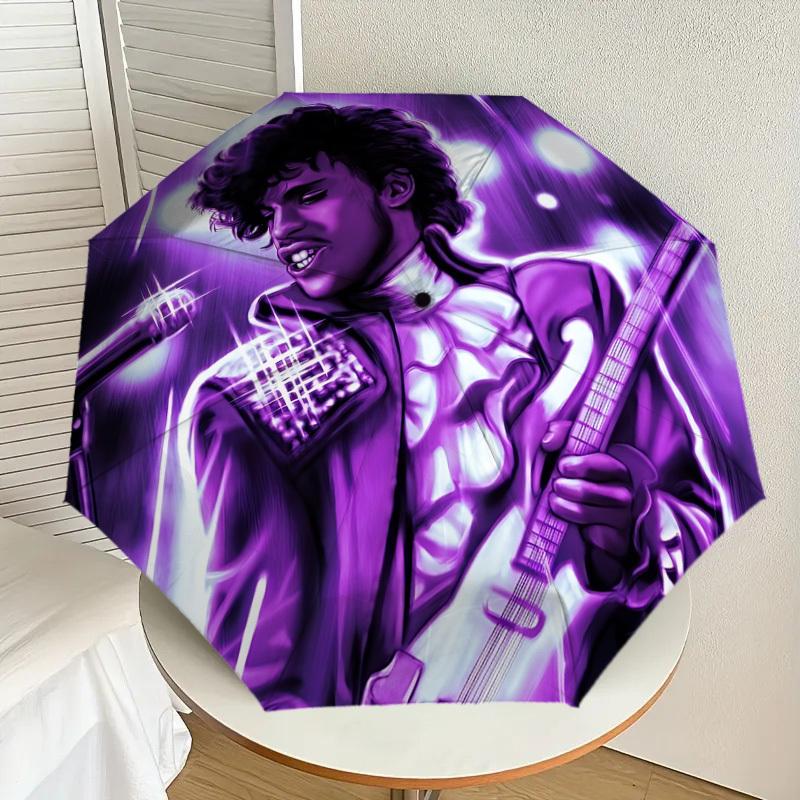 1pc Purple Guitarist Prince Automatic Folding Umbrella, Portable Collapsible Design, Casual Outdoor Accessory L1202026