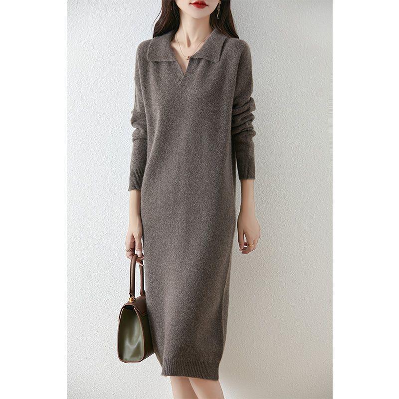 Women's Thickened Wool Polo Neck Long Dress - Autumn/Winter Loose Knit Base Layer 