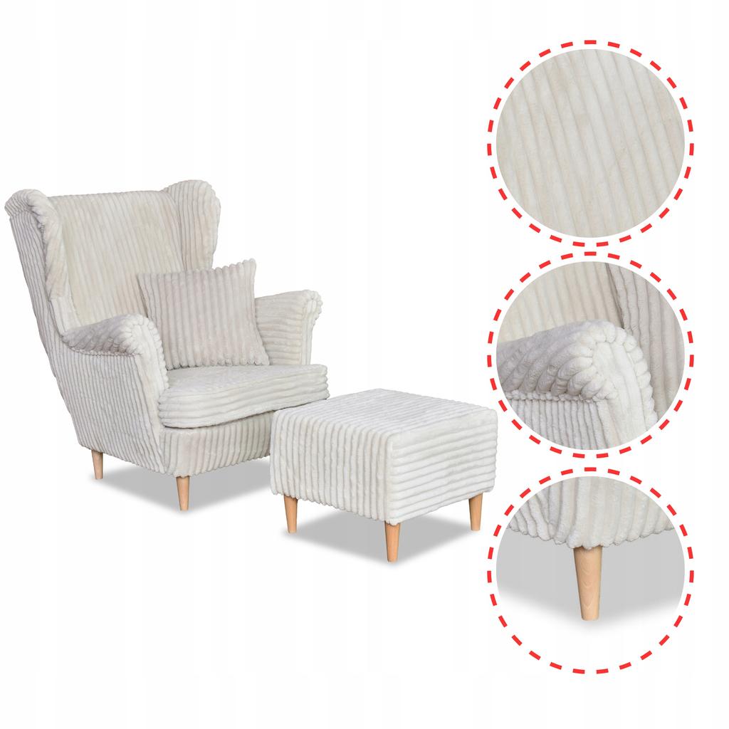 Rene Wingback Chair with Footstool Scandinavian Family Furniture Beige Corduroy