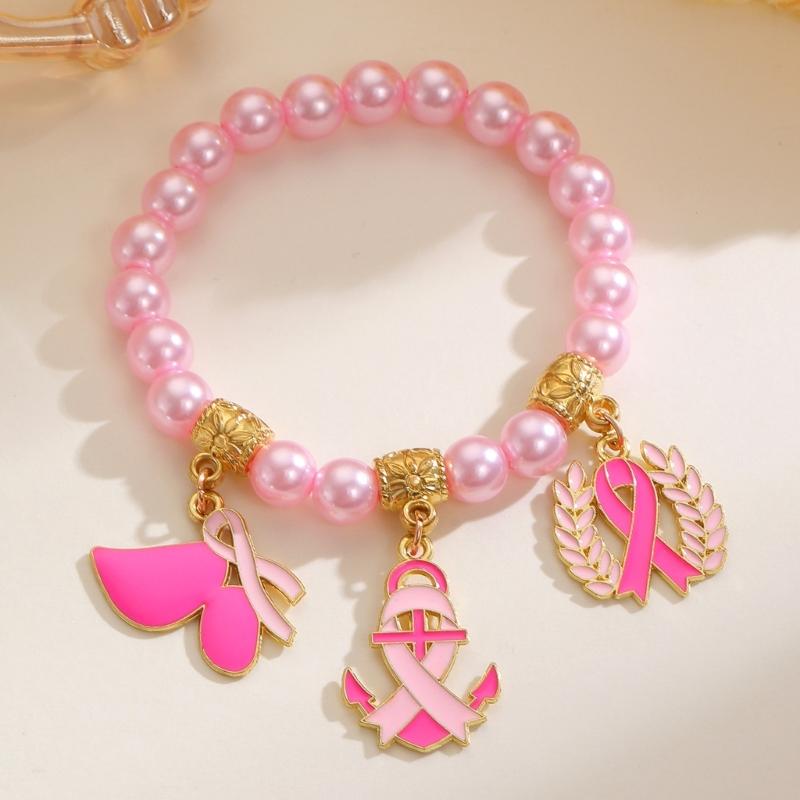 Symbolic Beaded Bracelet For Breast Cancers Awareness Adjustable Design Wristchain Ribbon Wheat Pendant Jewelry