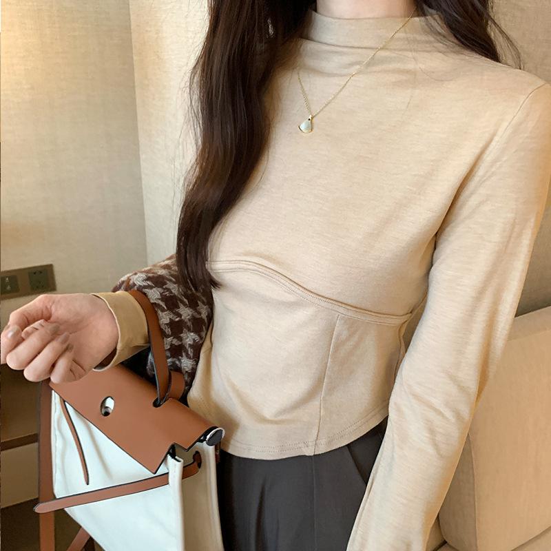 Semi-high neck splicing protein velvet soft skin women's spring and autumn new tight cropped shirt