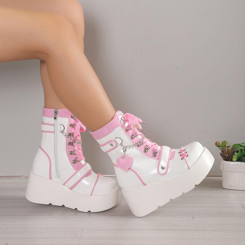 Fashion Comemore Women's Shoes Platform Lolita Boots Woman Wedge Heels Women's Mid Calf Booties Gothic Pink Kawaii JK Cosplay Long Botas