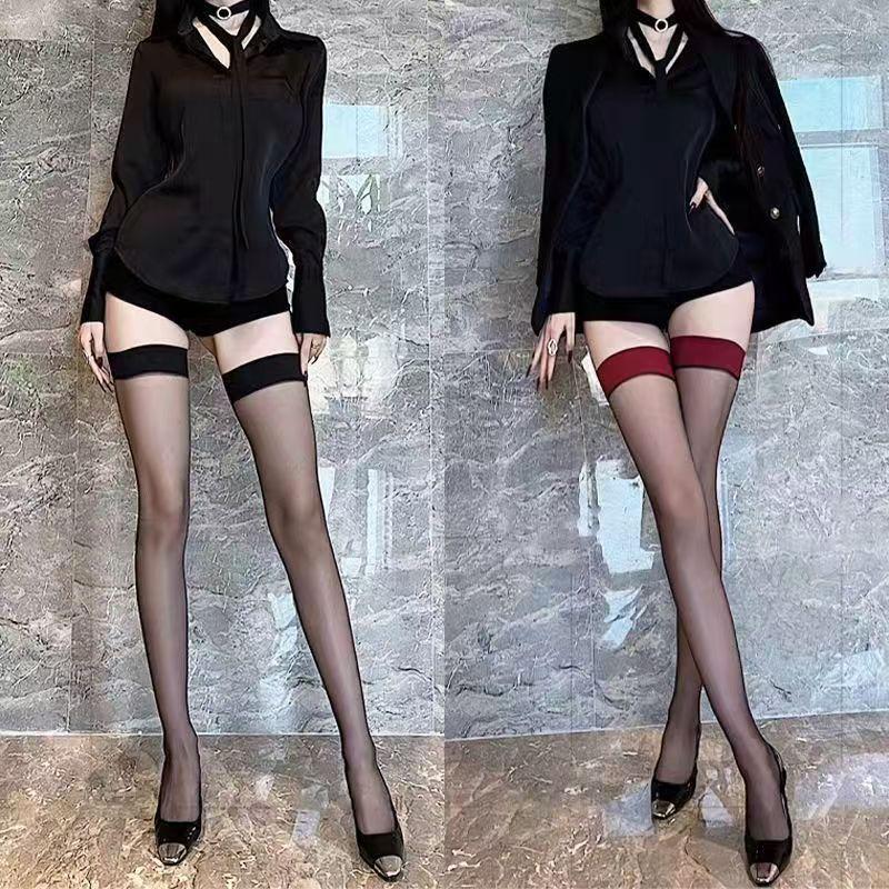 Sheer Black Thigh High Stockings with Red/Black Band, Anti-Slip Stay-Up Hosiery