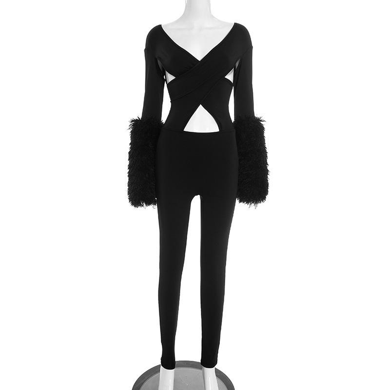 

2026 Spring Women s Sexy Hollowed-Out Sleeve Patchwork Fur Tight Jumpsuit M
