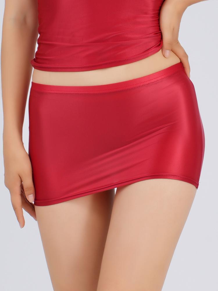 Sexy Women Oil Shiny Micro Mini Skirt Sheer See Through Tight Pencil Skirt Elastic Packet Hip Sweet Girl Cute Skirt Candy Color