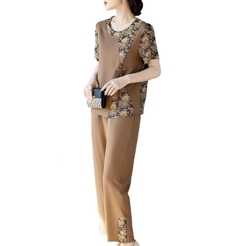 Middle Aged Women Chinese Style Two Piece Outfit Floral Print Patchwork Short Sleeve Top Wide Leg Casual Matching Set